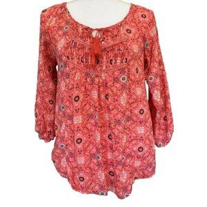 Womens Bohemian Style Coral Floral Blouse Size Small Pleated Front & 3/4 Sleeves
